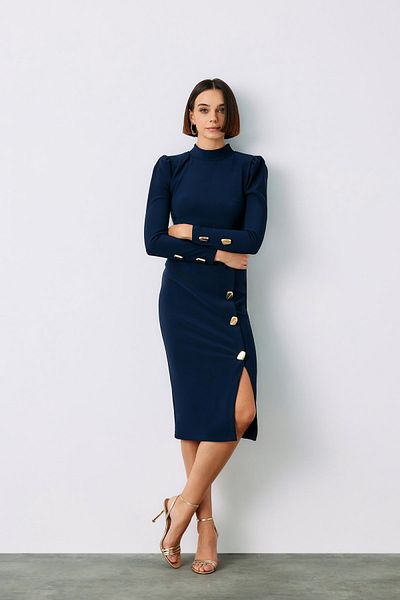 Sateen Button Detailed Pencil Skirt - Dark Blue