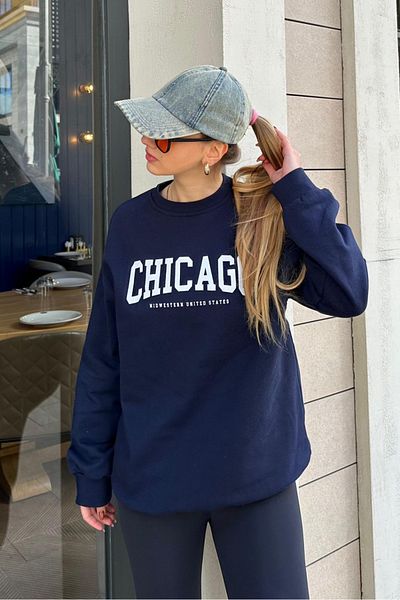 Seeh Crew Neck Navy Blue Printed Sweatshirt - Sh127