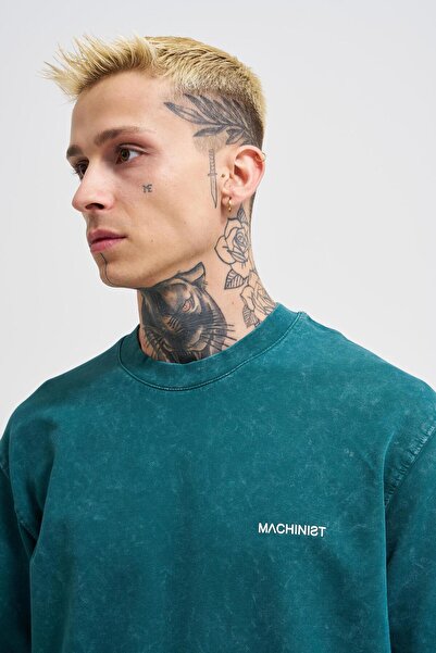 Machinist Unisex Χαλαρή Πλυμένη Βασική T-Shirt Λάδι Πράσινος Νεφελώδης