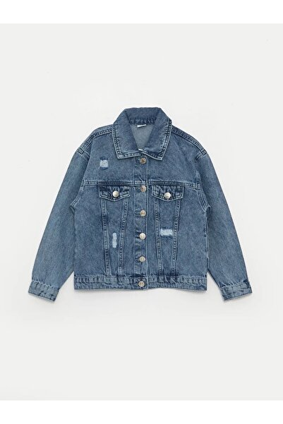 LC Waikiki LCW Kids Mavi Asit Yıkamalı Yırtık Detaylı Kız Çocuk Jean Ceket