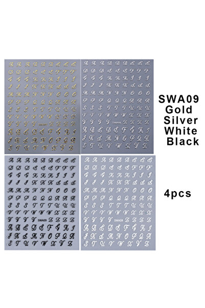 Choice SWA09 4 قطع 4 ملصقات أظافر بأحرف رومانية ذهبية فضية سوداء بيضاء تصميم ...