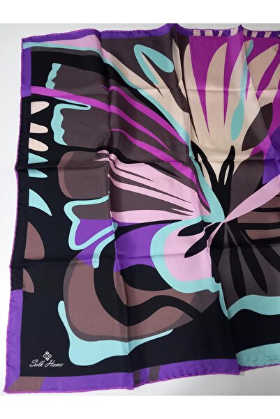 Silk Home Mor Kahve Karma Desenli Tivil İpek Eşarp-11442-23-KVS0455