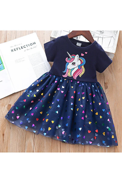 Choice فستان أطفال بناتي بأكمام قصيرة بتصميم يونيكورن مزين بالترتر، مقاس 4T F...