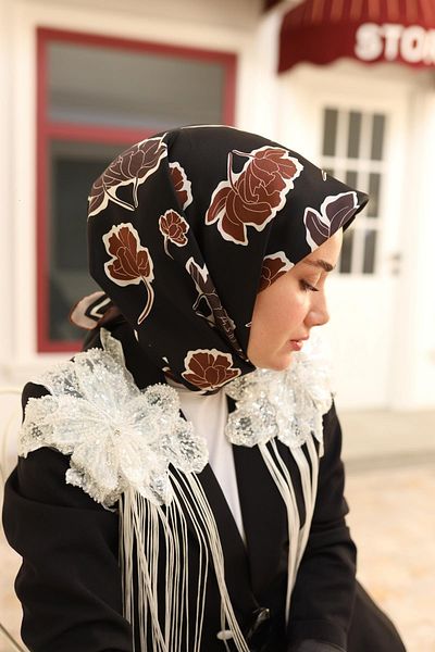 Silk Home Black Plum Leaf Pattern Tivil Silk Scarf-11440-20-Kvs0443