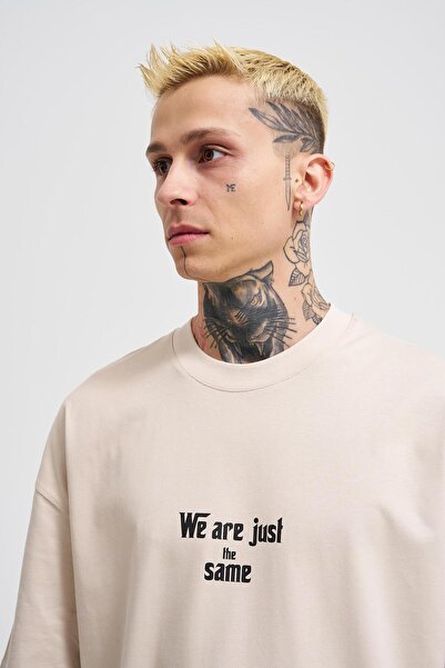 Machinist Men's the Quandary Printed Oversize Light Beige T-Shirt