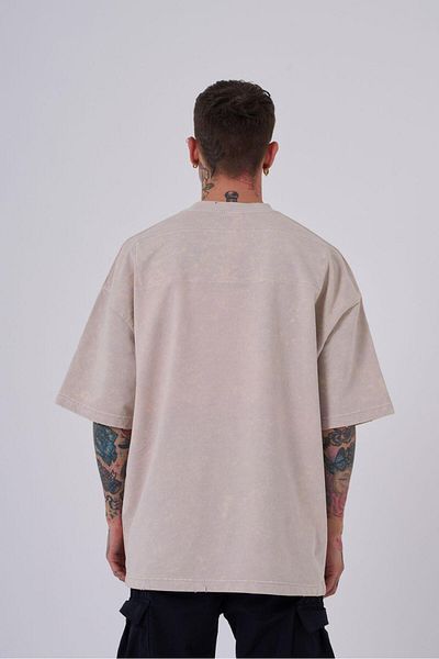 Machinist Ανδρικό μπλουζάκι με κρυφό μπάλωμα Oversize ανοιχτό μπεζ με κηλίδες