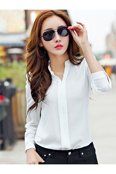 Choice قميص أبيض بأكمام طويلة للنساء، ملابس خريفية أنيقة، بلوزة شيفون ضيقة بياقة على شكل حرف V، تصميم كوري أنيق.