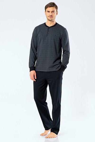 Cacharel Men's Jacquard Dotted Placket Pajama Set Gray