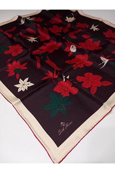 Silk Home Red Plum Floral Print Tivil Silk Scarf-11441-39-Kvs0431