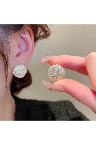 AKSESUARIM Zircon Stone, Clamshell Model, Steel, Antiallergic, Stylish Earrings