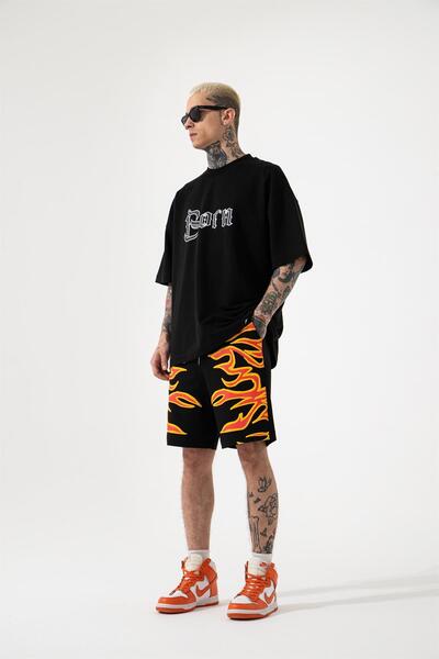Machinist Men's Flame Printed Relaxed Black Shorts