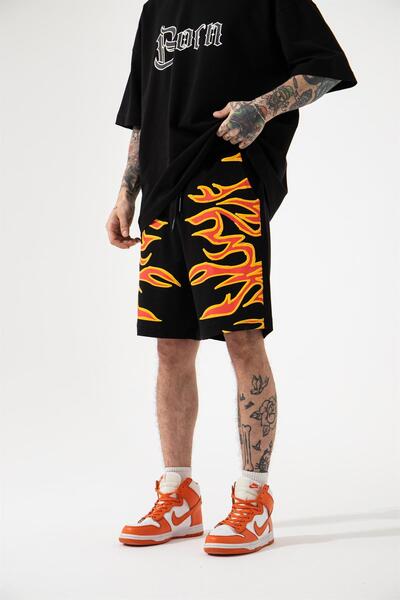 Machinist Men's Flame Printed Relaxed Black Shorts