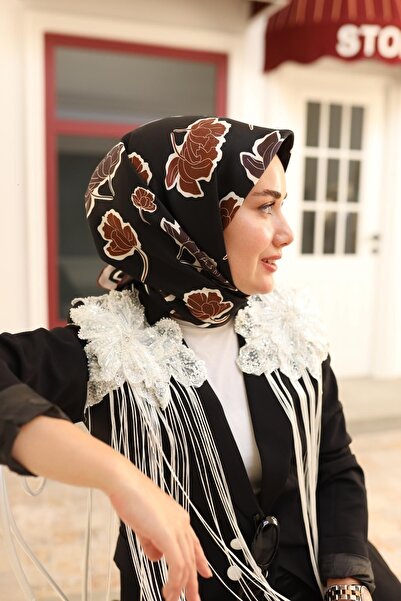 Silk Home Siyah Mürdüm Yaprak Desenli Tivil İpek Eşarp-11440-20-KVS0443