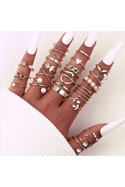 Choice Cs5726001hbjc2 مجموعة خواتم كلاسيكية على شكل قلب وأفعى وفراشة، مكونة من 27 قطعة، مطلية بالذهب، بتصميم هندسي للنساء