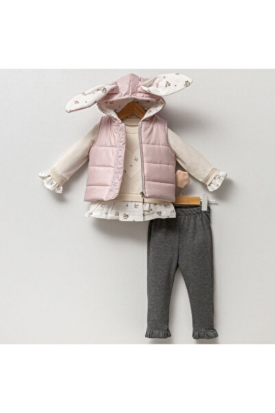 Hippıl Baby Tatlı Tavşan Kapşonlu Yelekli Kız Bebek Üçlü Takım