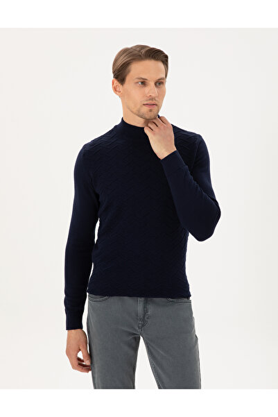 Pierre Cardin Pulover tricotat cu guler pe gât, slim fit, albastru marin 5030...