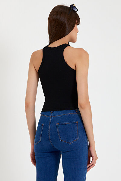 Superlife Süperlife Γυναικείο Crop Πλεκτό Μπλουζάκι με ψηλό γιακά Spr21y11