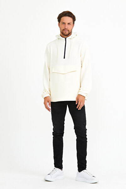 Superlife Men's Hooded Regular Fit Half Zip Thin Sweatshirt with Cargo Pockets Spr22Sw171