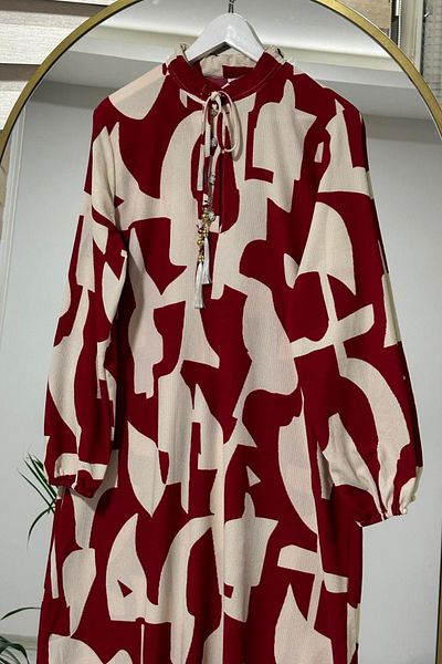 Bold Grup Women's Burgundy Buttoned Patterned Wrapped Fabric Belted Hijab Winter Dress