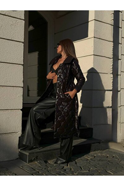 Secret Passion Lingerie Nová sezóna dámský nafukovací maxi kabát z lakované kůže s detailem pásku 24W11006