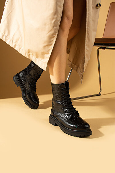 Pembe Potin Kadın Siyah Kroko Fermuarlı Günlük Rahat Kalıp İçi Sıcak Astarlı Bot Postalt