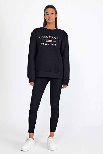 Superlife Süperlife Women's Crew Neck Comfortable Fit Fleece Lined 3 Thread American Printed Sweatshirt Spr24Swk26