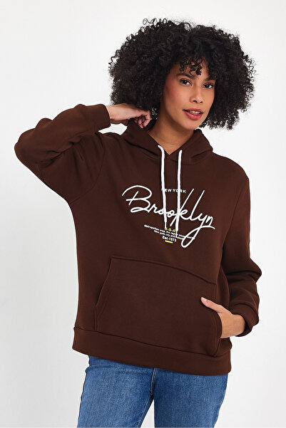 Superlife Дамски суитшърт с качулка и ежедневен модел от полар, 3 нишки, ръчно написан щампа Brooklyn, цвят sp24swk16