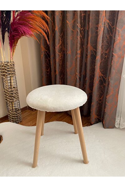 Bounteous Ahşap Ayak Dekoratif Peluş Puf Tabure Beyaz