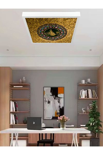 Gökyüzü Panel 60Watt Ottoman Tuğra Pattern Led Chandelier - White Light, 60X60 Square, New Modern Fixture