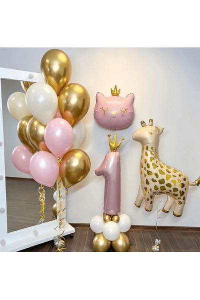 CUGY PINK COLOR CONCEPT KITTY AND GIRAFFE 1 YEAR OLD NUMBERED BALLOON CHAIN BIRTHDAY PARTY DECORATION SET