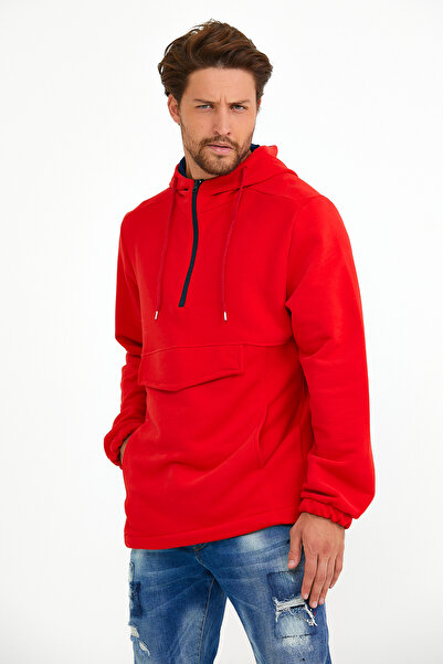 Superlife Men's Hooded Regular Fit Half Zip Thin Sweatshirt with Cargo Pockets Spr22Sw171