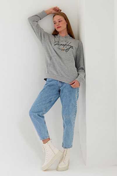 Superlife Süperlife Women's Hooded Regular Fit Handwritten Brooklyn Printed Thin Sweatshirt Spr23Swk361