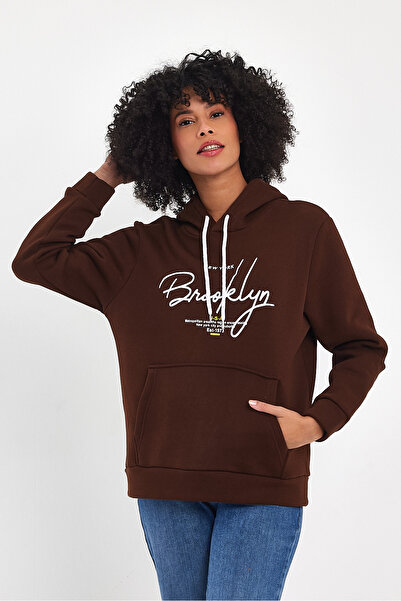 Superlife Дамски суитшърт с качулка и ежедневен модел от полар, 3 нишки, ръчно написан щампа Brooklyn, цвят sp24swk16