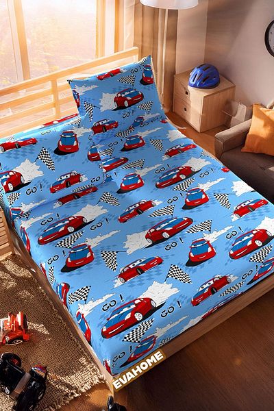 Lorien Car Patterned Ranforce Fabric Single Elastic Sheet Set (1 Piece Pillow Case)