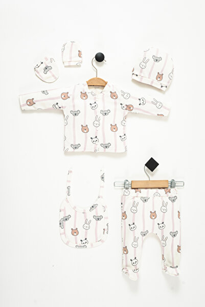 NEU KIDS Hastane Çıkışı 100% Pamuk Çizgili Tavşan Baskılı Yenidoğan 5li Set B...