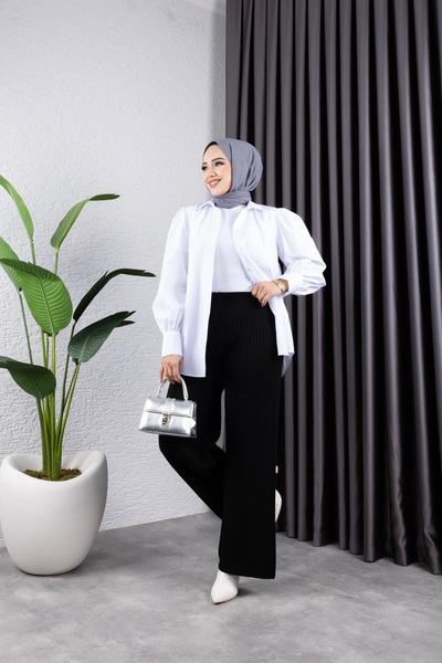 BLUEMOOR Dámské žebrované kalhoty z elastického úpletu se širokými nohavicemi