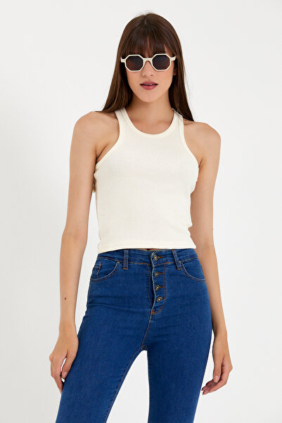 Superlife Süperlife Women's Crop Knitted Back High Collar Tank Top Spr21Y11