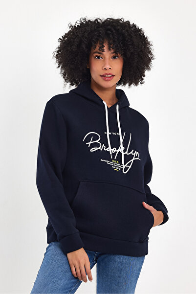 Superlife Women's Hooded Comfortable In-mold Fleece 3 thread Hand Written Brooklyn Printed SweatShirt spr24swk16