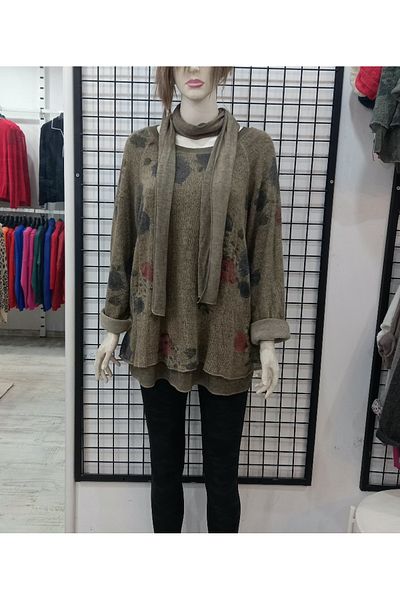 Butik Şans Shawl Detailed Floral Detailed Double Suit Italian Knitwear Blouse