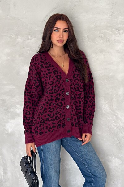 FEMELLE Kadın Vişne Standart Beden Leopar Desen Oversize Triko Hırka