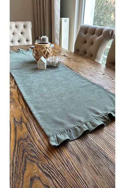Decamor home Vintage Velvet Textured Worry-Free Green Ruffled Runner