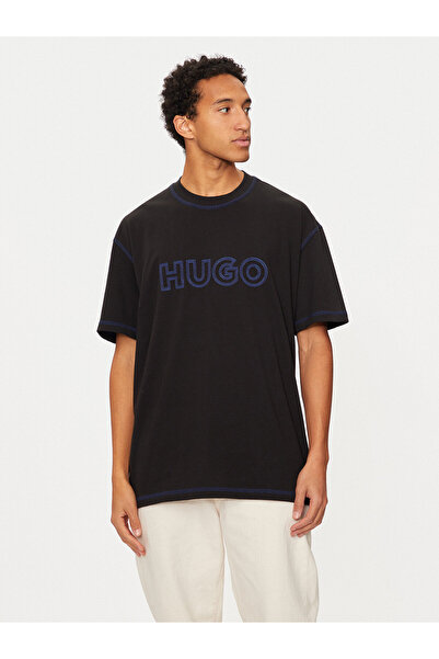 HUGO Erkek İşleme Marka Logolu Bisiklet Yaka Kısa Kollu Relaxed Fit Siyah T-S...