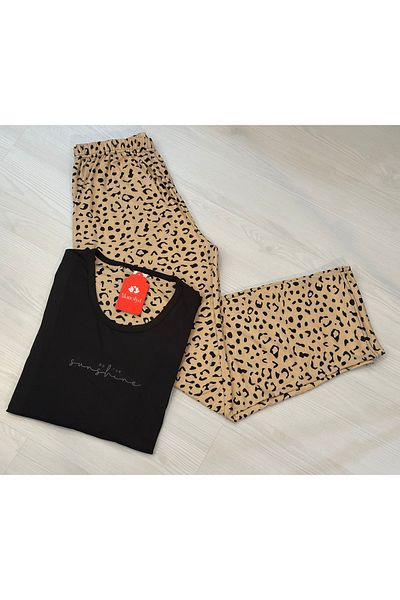 Manolya Set de pijamale leopard cu mâneci lungi din bumbac pieptănat modal pentru femei