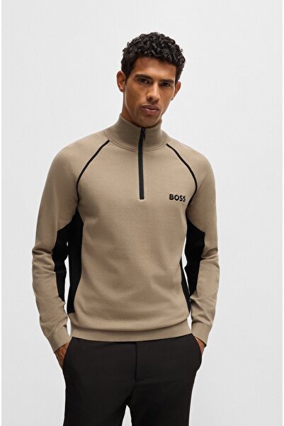 BOSS Erkek Dik Yaka Femuar Kapamalı Bel Kenarları Renk Desenli Bej Kazak 50519377-334