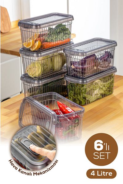 Vienev Set of 6 Self-Striped Storage Containers with Lockable Lid 4 Liters