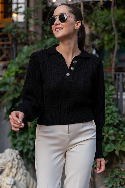 hillswomanstore Pulover tricotat cu nasturi, negru, cu gât polo