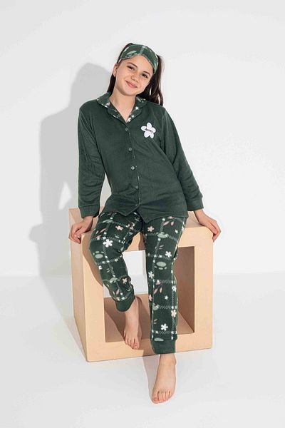 Tarık Men's Khaki Youth and Children's Long Sleeve Diamond Patterned Fleece Plush Pajamas Set