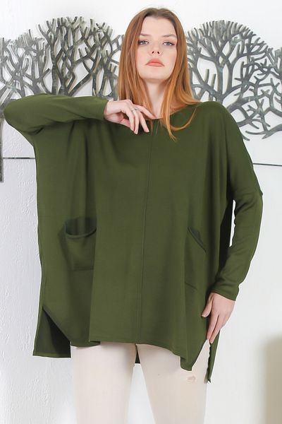 Chiccy Ιταλικό Soldier Green Pool Collar Μακρυμάνικο Πλεκτό Πουλόβερ με διπλή τσέπη Casual Oversize