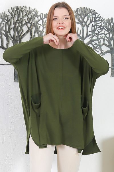 Chiccy Ιταλικό Soldier Green Pool Collar Μακρυμάνικο Πλεκτό Πουλόβερ με διπλή τσέπη Casual Oversize