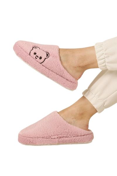 Liger Plush Women's House Slippers - Closed Front, Teddy Bear Printed, Pink